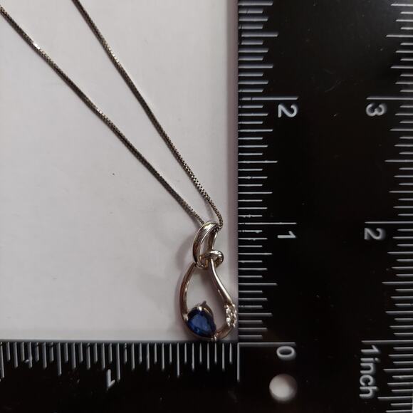 Blue Sapphire & Diamond Teardrop Knot Pendant Necklace Sterling 18" Chain 925 - Picture 10 of 10